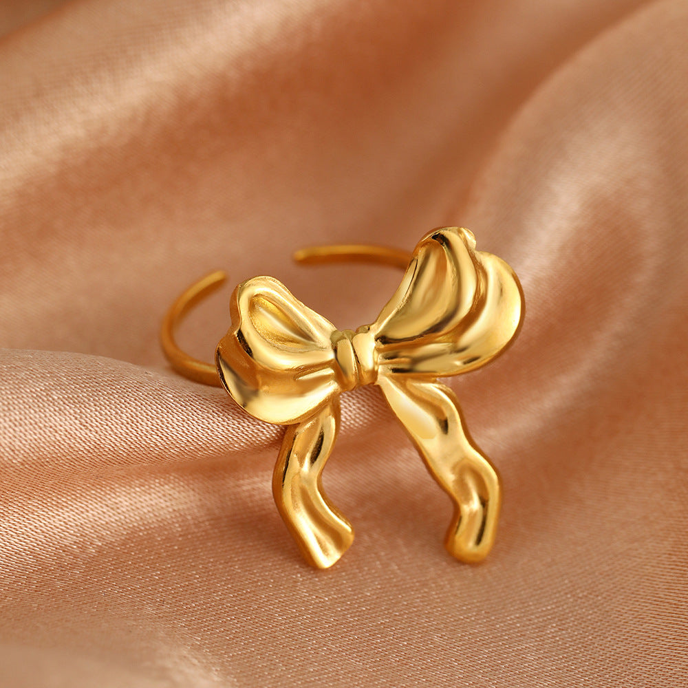 Wholesale Trendy 18K Gold Plated Stainless Steel Bow Ring For Women Simple Hand Polished Fashion Jewelry Accessory Gift Boutique Resale
