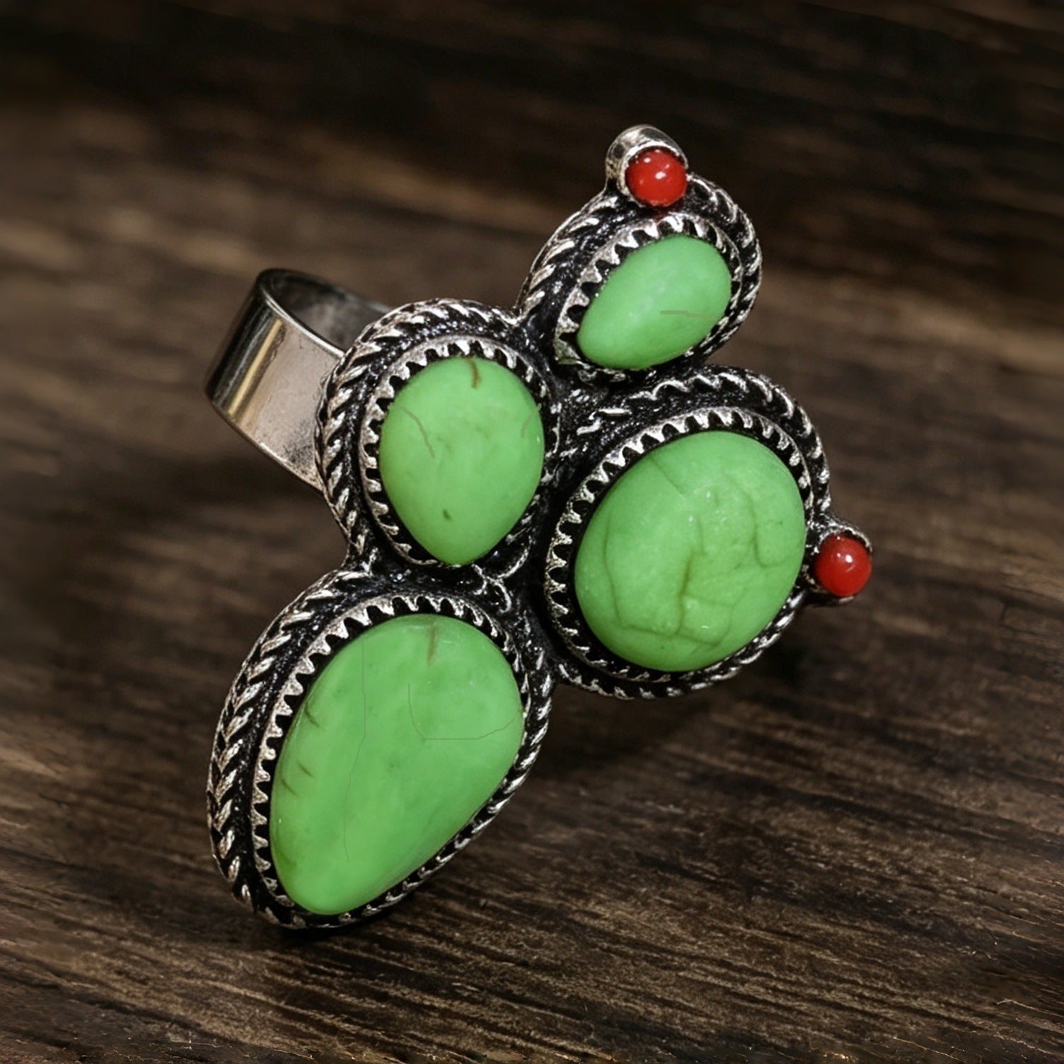 Wholesale Vintage Cactus Turquoise Bohemian Ring Silver Tone Alloy Open Band Women S Fashion Jewelry Accessory Gift