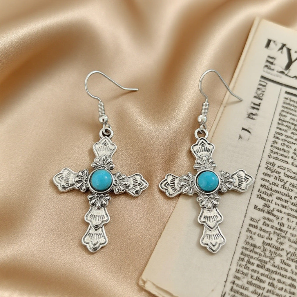 Wholesale Retro Cross Turquoise Rune Earrings Fashion Jewelry Accessory Gift