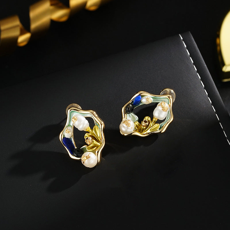 Wholesale Real gold plating silver needle  water pearl flower earrings