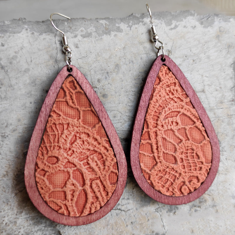Wholesale 2 pairs/ pack Leather embossed teardrop wooden frame Bohemian earrings