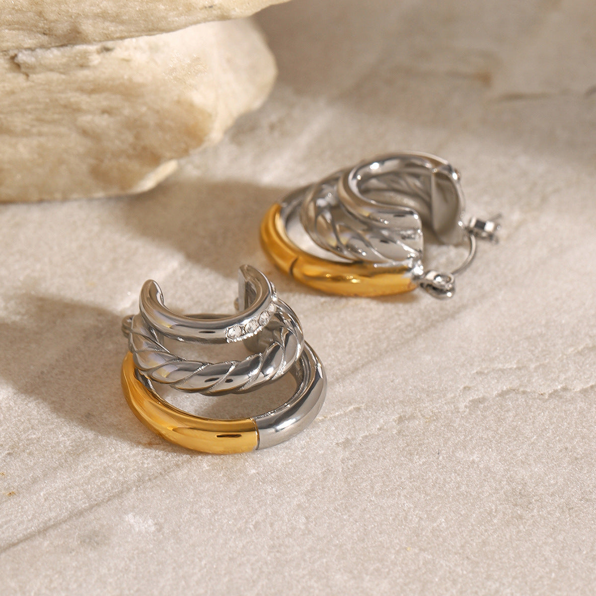 Wholesale 18k stainless steel white zircon three-layer C- shaped earrings