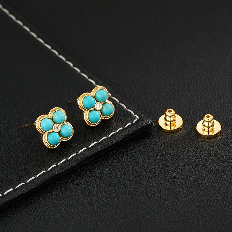 Wholesale S925 silver needle high sense turquoise four-leaf flower earrings