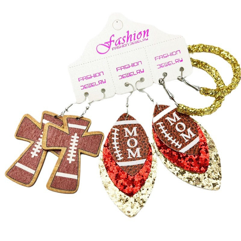 Wholesale 2 Sets Cross Glitter Earrings Rugby Stadium Cheer Football MOM Leather Earrings Set ACC-ES-HY126