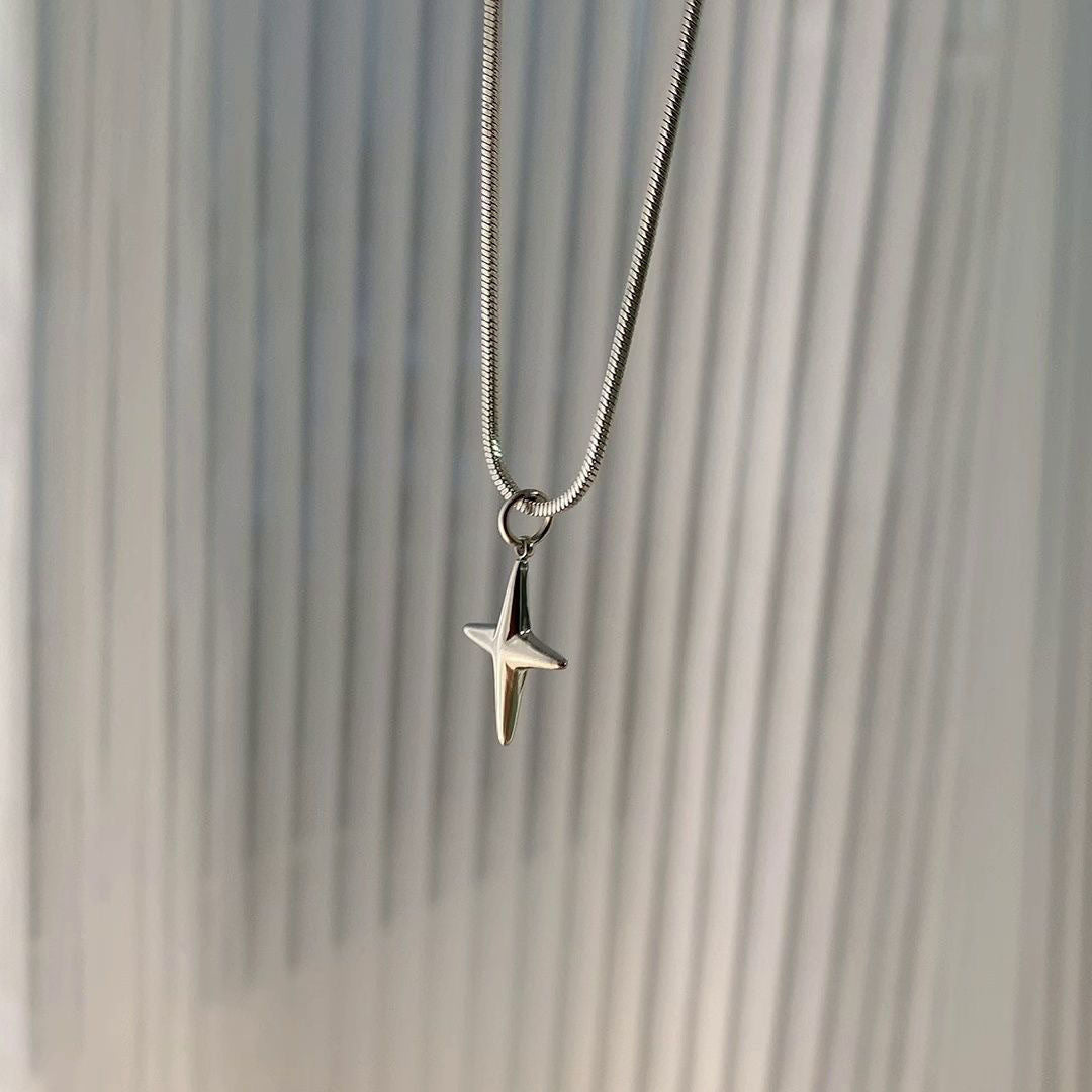 Wholesale Casual New Titanium Steel Small Star Cross Pendant Necklace Women' s Accessories Versatile Stylish Sweet Cool Style Snake Bone Chain