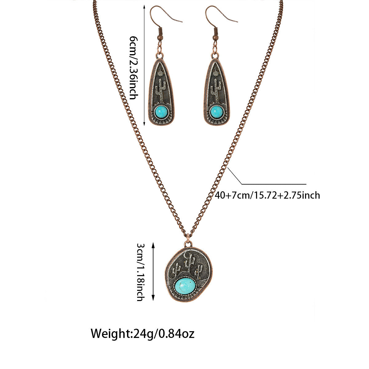 Wholesale retro Western style alloy teardrop pendant necklace and earrings