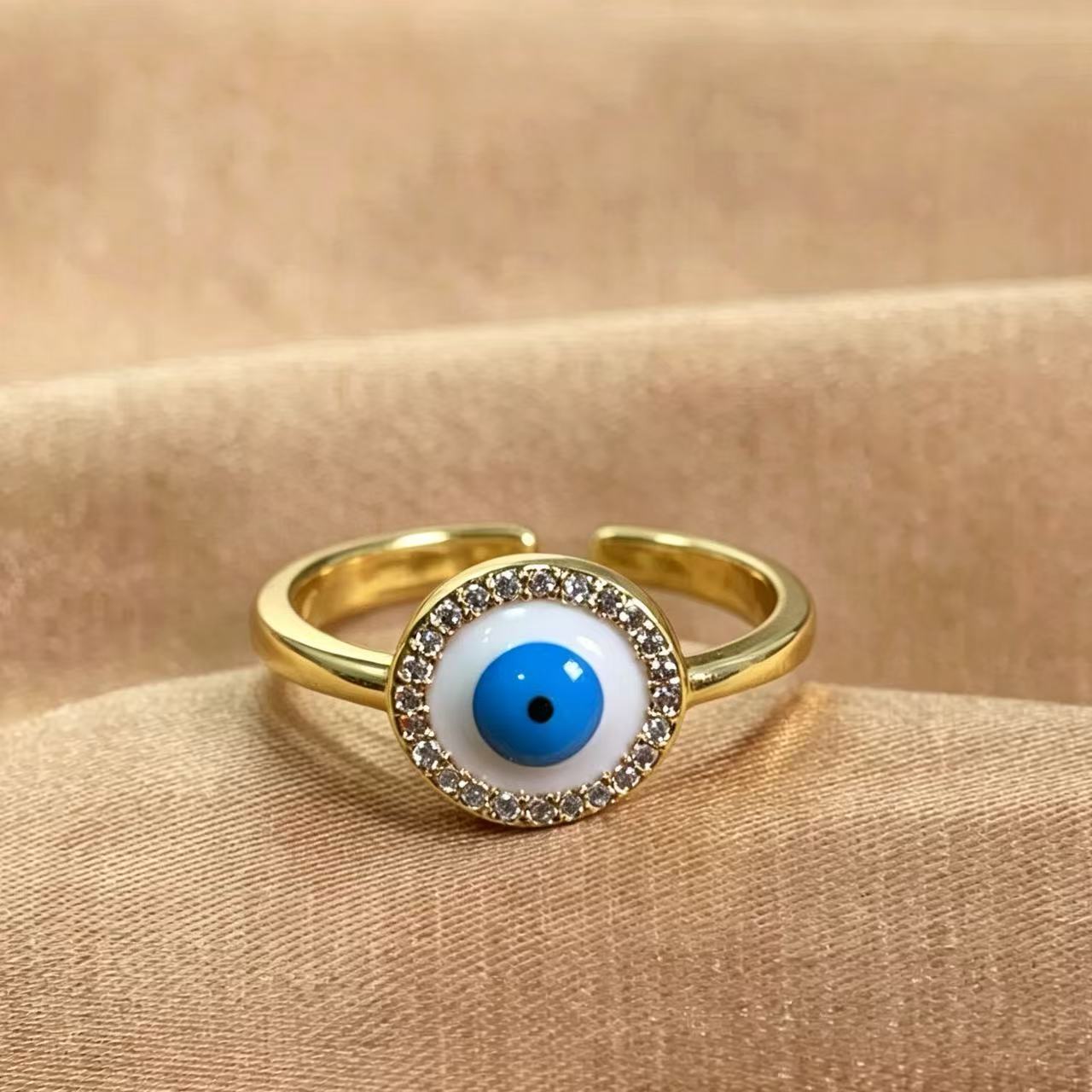 Wholesale 18K Gold Plated Brass Devil' s Eye Open Ring with Blue Zircon Jewelry Accessory