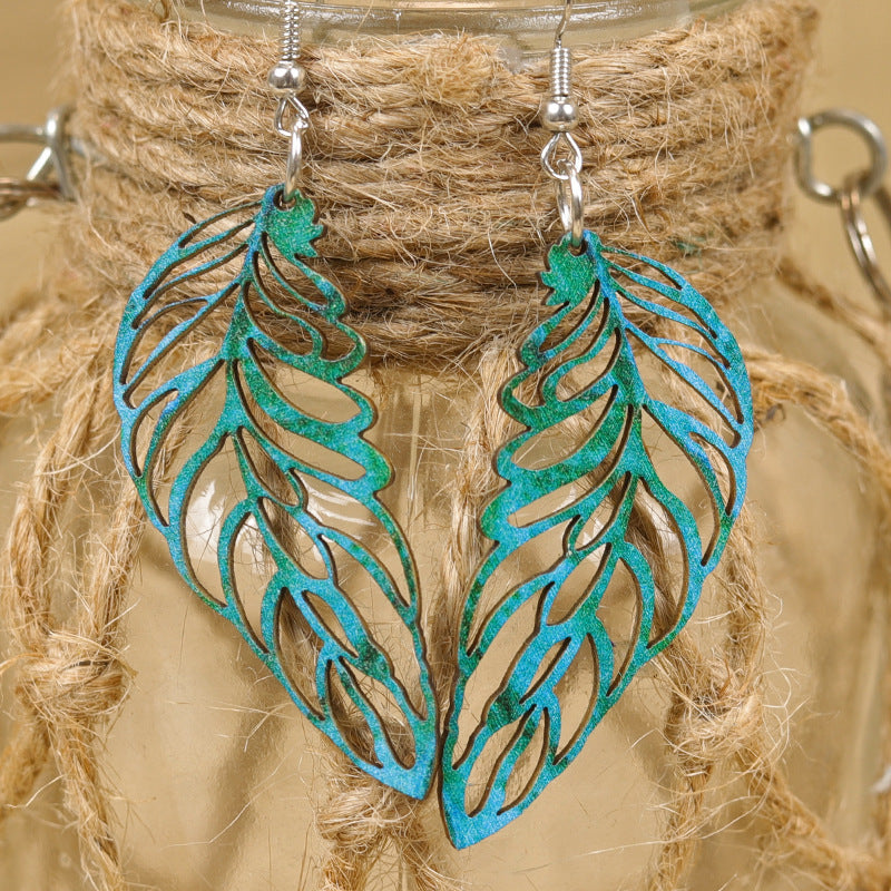 Wholesale  Retro Style Leaf Shape Hollow Tie-Dye  Multi-Color Combinable Women's Wooden Earrings
