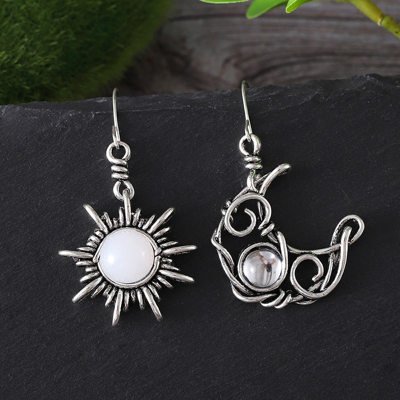 Wholesale retro Sun Moon Earrings Moonstone Geometric Hollow Asymmetric Earrings