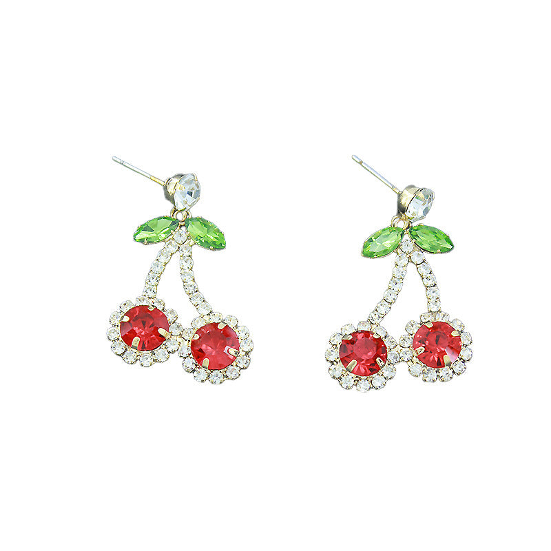 Wholesale  Red Rhinestone Cherry Pendant Earrings