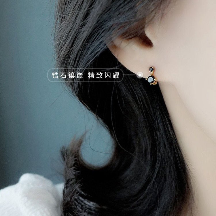 Wholesale Retro Double Diamond Black Zircon Earrings Silver Needle Fashion Accessory for Women