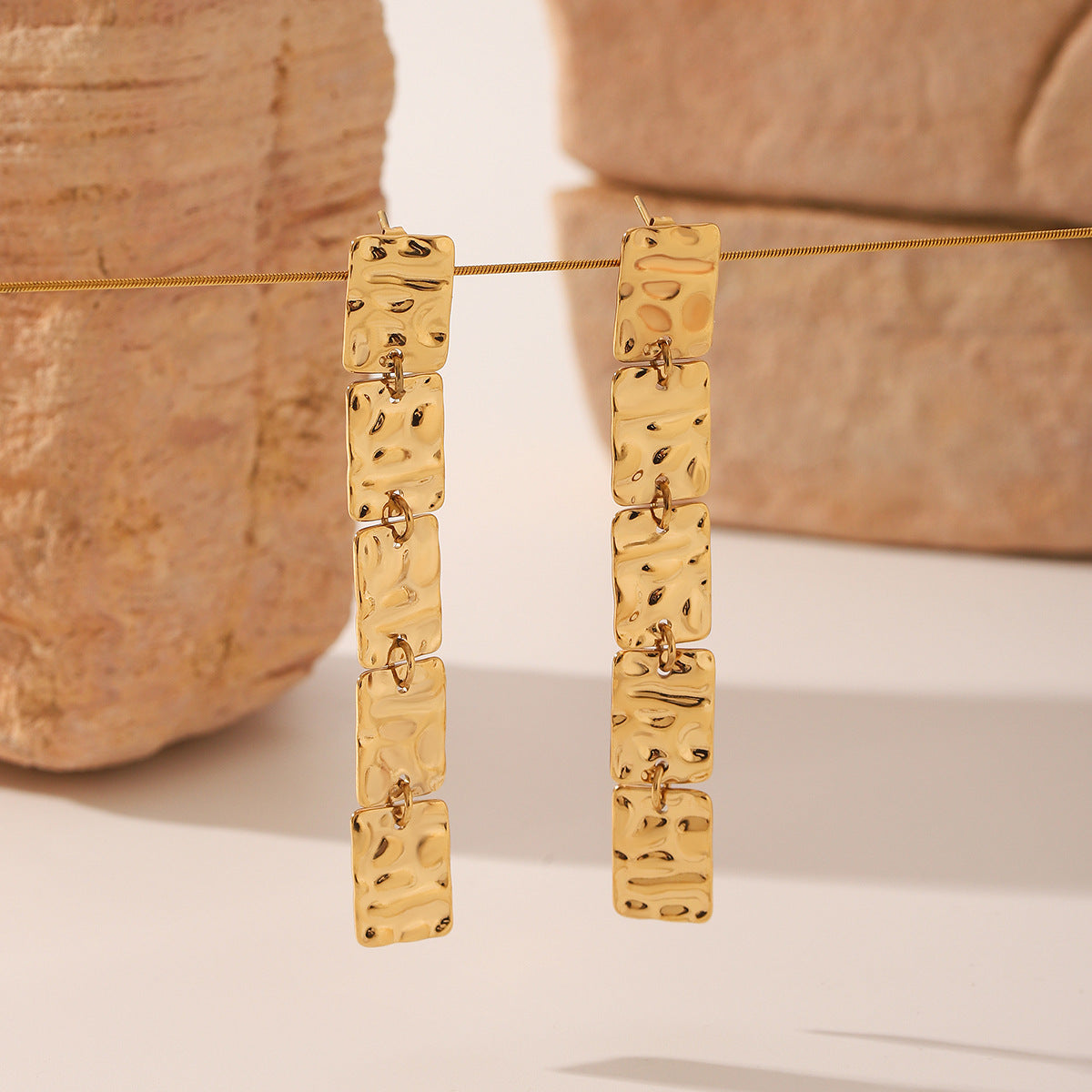 Wholesale  Stainless Steel 18K Gold Square Lava Pattern Long Tassel Earrings