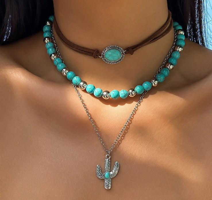 Wholesale Artificial Leather Bohemian Turquoise Layered Stacking Necklace Retro Geometric Pendant Jewelry Accessory