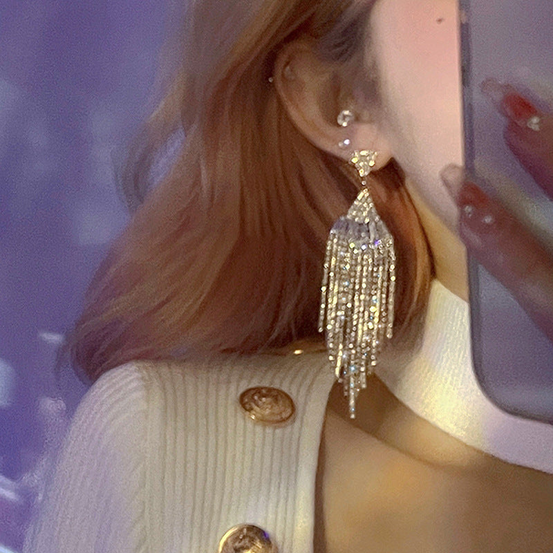 Wholesale Silver Needle Fan-shaped Zircon Diamond Tassel Earrings  ACC-ES-KJ023