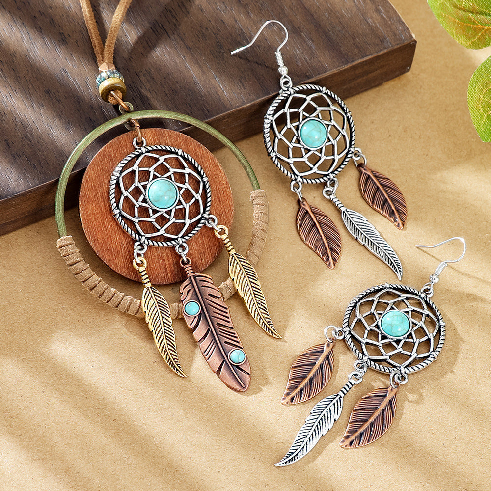 Wholesale Dream Catcher  Web Earrings and Necklace Set,  Alloy with Feather Tassel,  Ethnic Style Jewelry for Gift,  Party,  or Resale