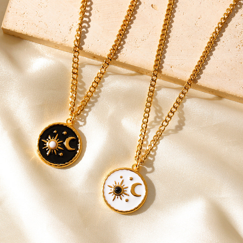 Wholesale Stainless steel drop glaze sun moon simple necklace