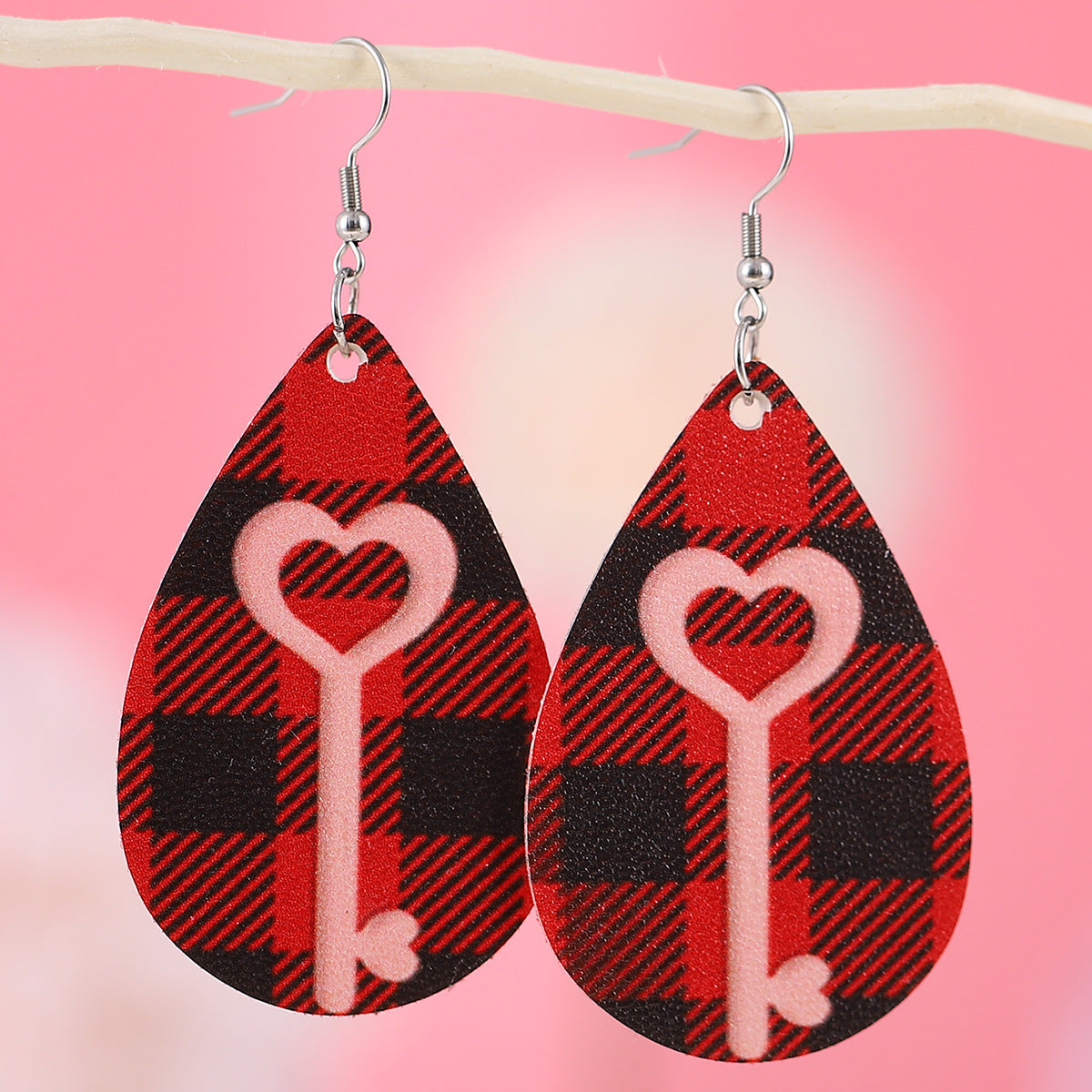 Wholesale Valentine's Day Plaid Love Water Drop Leather Double Sided Earrings