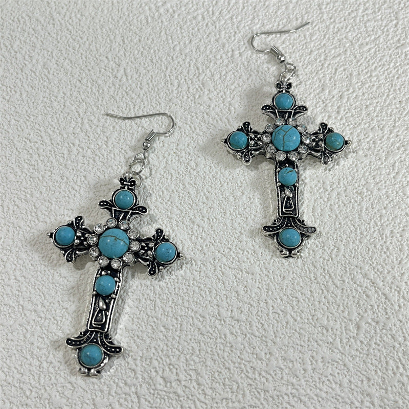 Wholesale New vintage-style,  distinctive cross earrings and necklace set,  featuring creatively distressed,  turquoise-inlaid pendants
