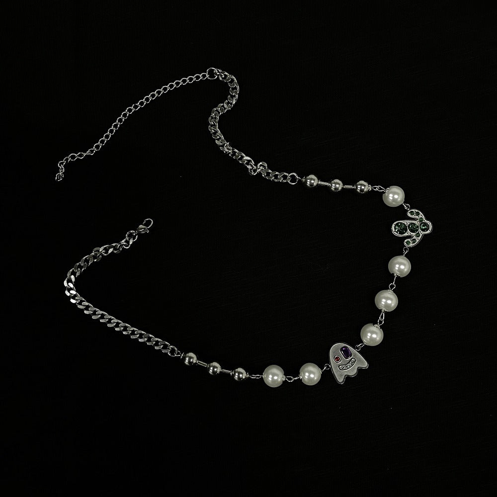 Wholesale Diamond-encrusted Funny Ghost Stitching Cactus Pearl Cuban Necklace