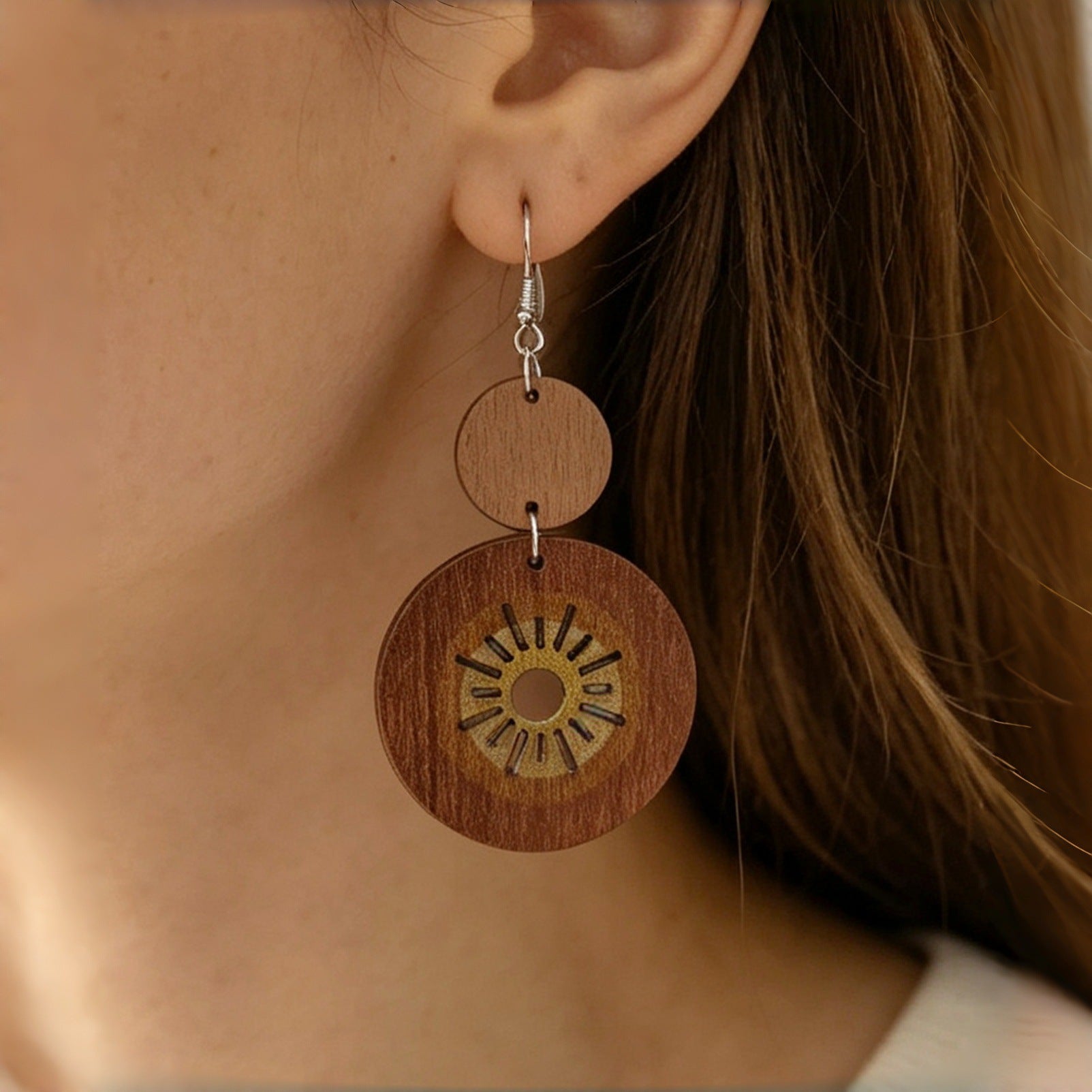 Wholesale Vintage Wooden Sun Earrings Bohemian Double Circle Design Fashion Accessory For Resale