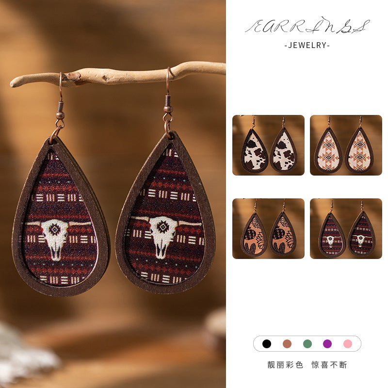 Wholesale Western Farm Style Cow Wooden Earrings