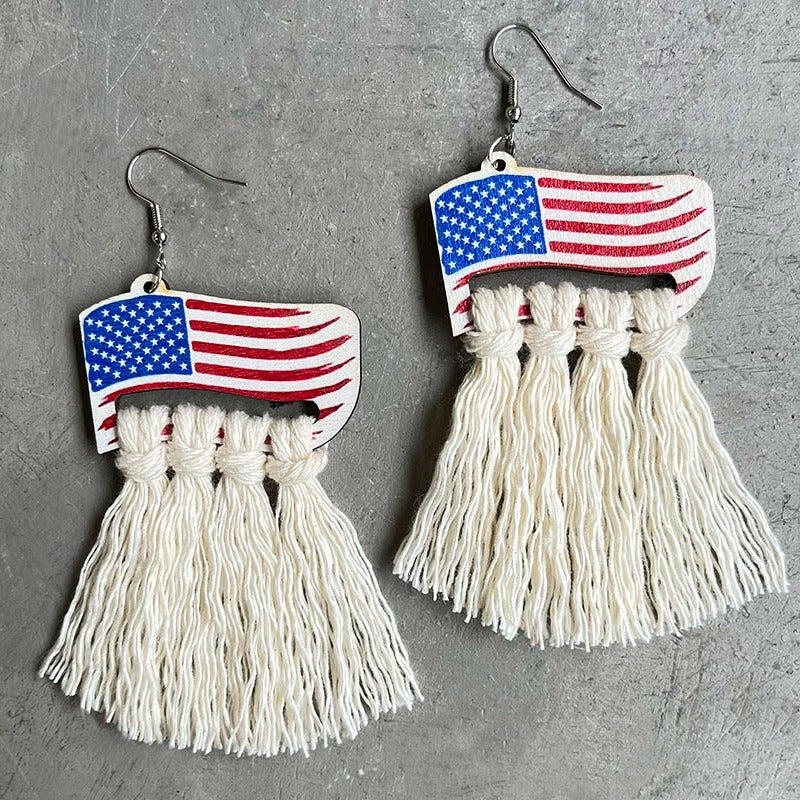 Wholesale 2 Pairs/pack American Independence Day Wooden Flag Hat Hand Woven Tassel Earrings ACC-ES-HY056