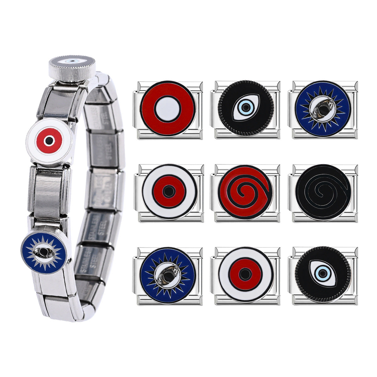 Red-and-black devil-eye design on an Italian-style modular charm bracelet