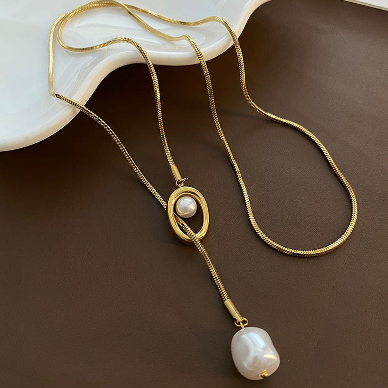 Wholesale Titanium Steel Pearl Extended Chain All-match Fashionable Simple Woolen Chain Advanced Necklaces