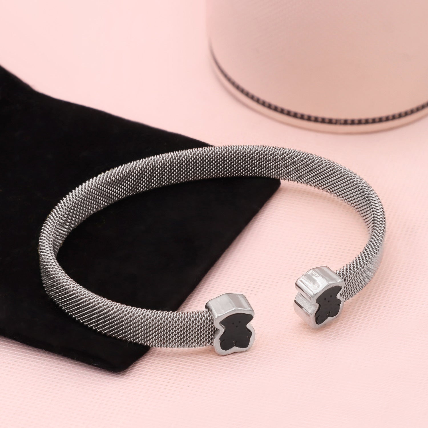 Wholesale Bear Open C-Shape Bracelet with Woven Mesh Strap,  Stainless Steel Boutique Resale Jewelry for Women