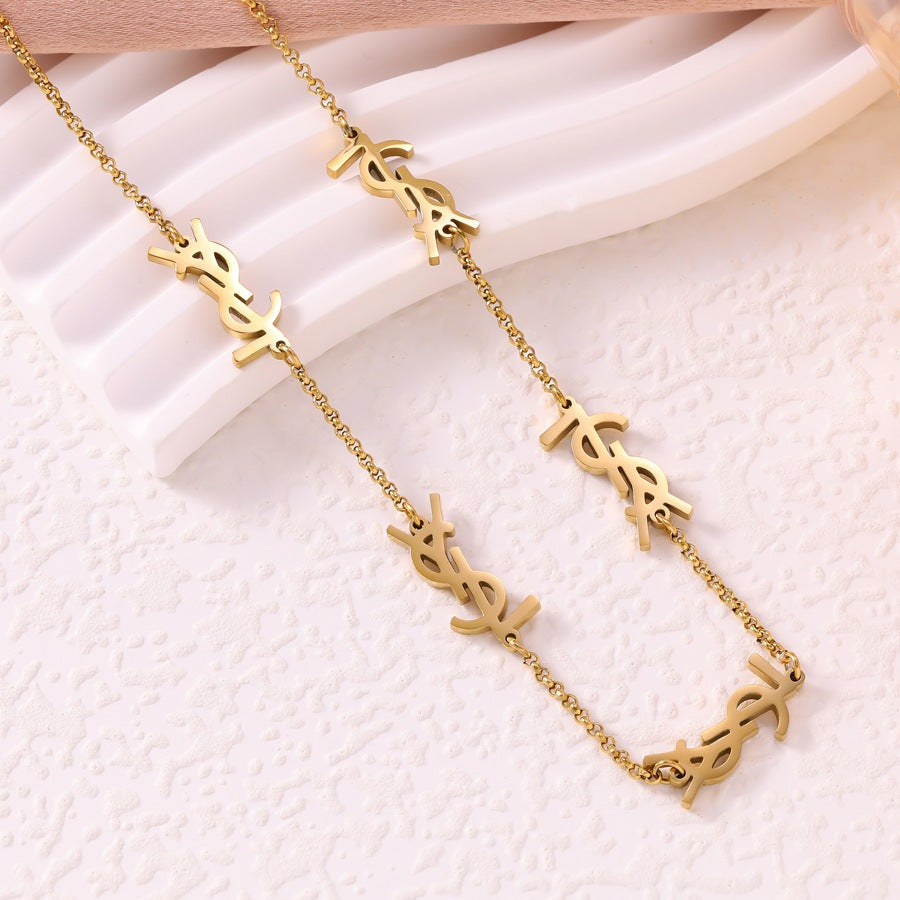 Wholesale 18K Gold Stainless Steel Yangshulin Letter Necklace Bracelet Earrings Set Fashionable Titanium Steel Non-Fading Jewelry