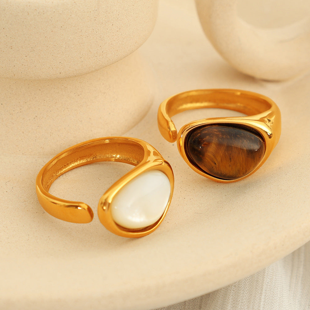 Wholesale French Retro Natural Tiger Eye Stone Ring Titanium Steel Plated with 18K Gold Elegant Niche Design Open Women' s Ring Accessible Luxury