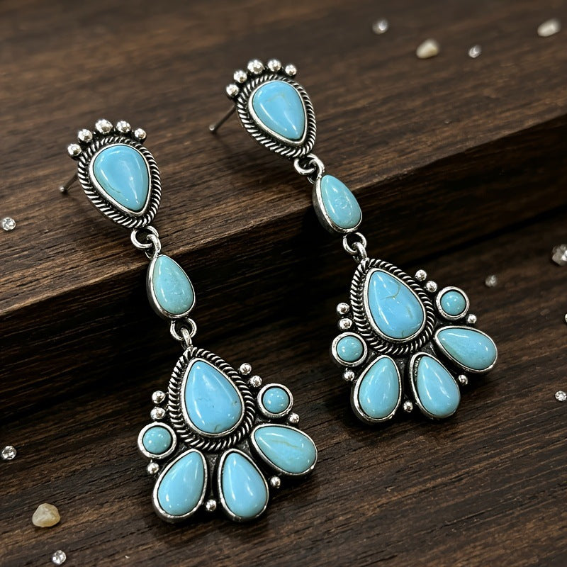 Wholesale Silver Electroplated Alloy Turquoise Teardrop Earrings Retro Bohemian Fashion Jewelry Accessory For Boutique Resale Gift