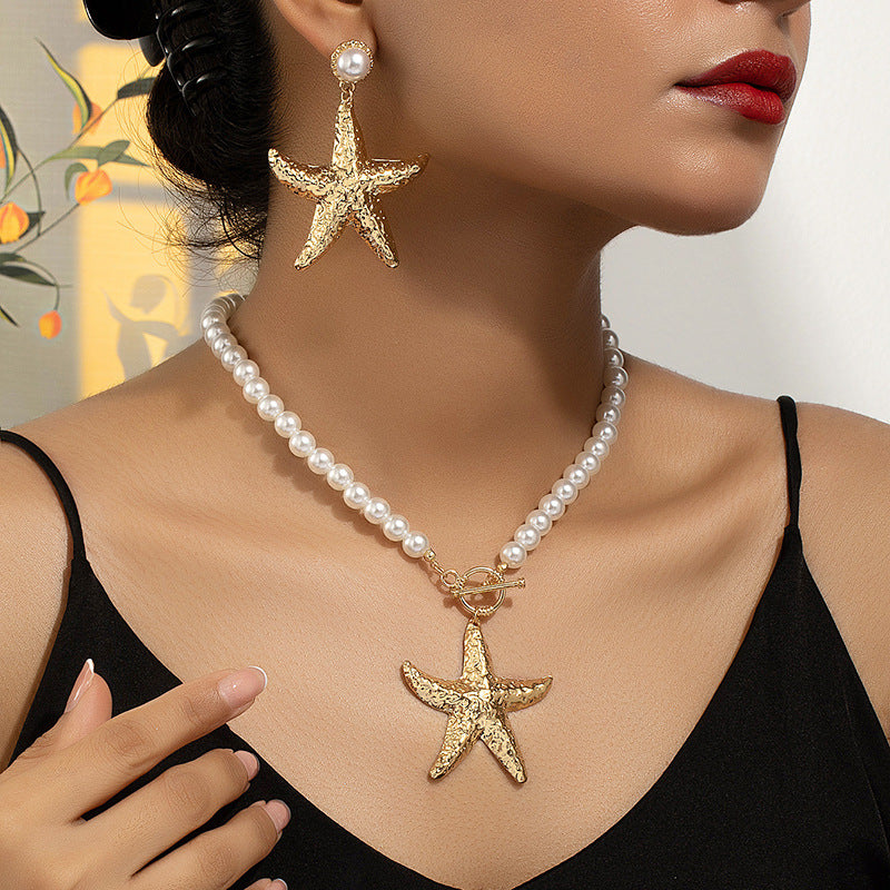 Wholesale Alloy Electroplated Sea Star Earring And Necklace Set Pearl Chain Beach Style For Women