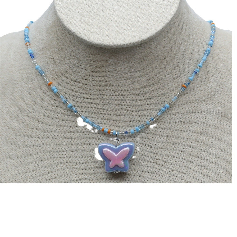 Wholesale Chic Gray Beaded Butterfly Pendant Collarbone Necklace Handmade Women S Fashion Jewelry Accessory For Resale