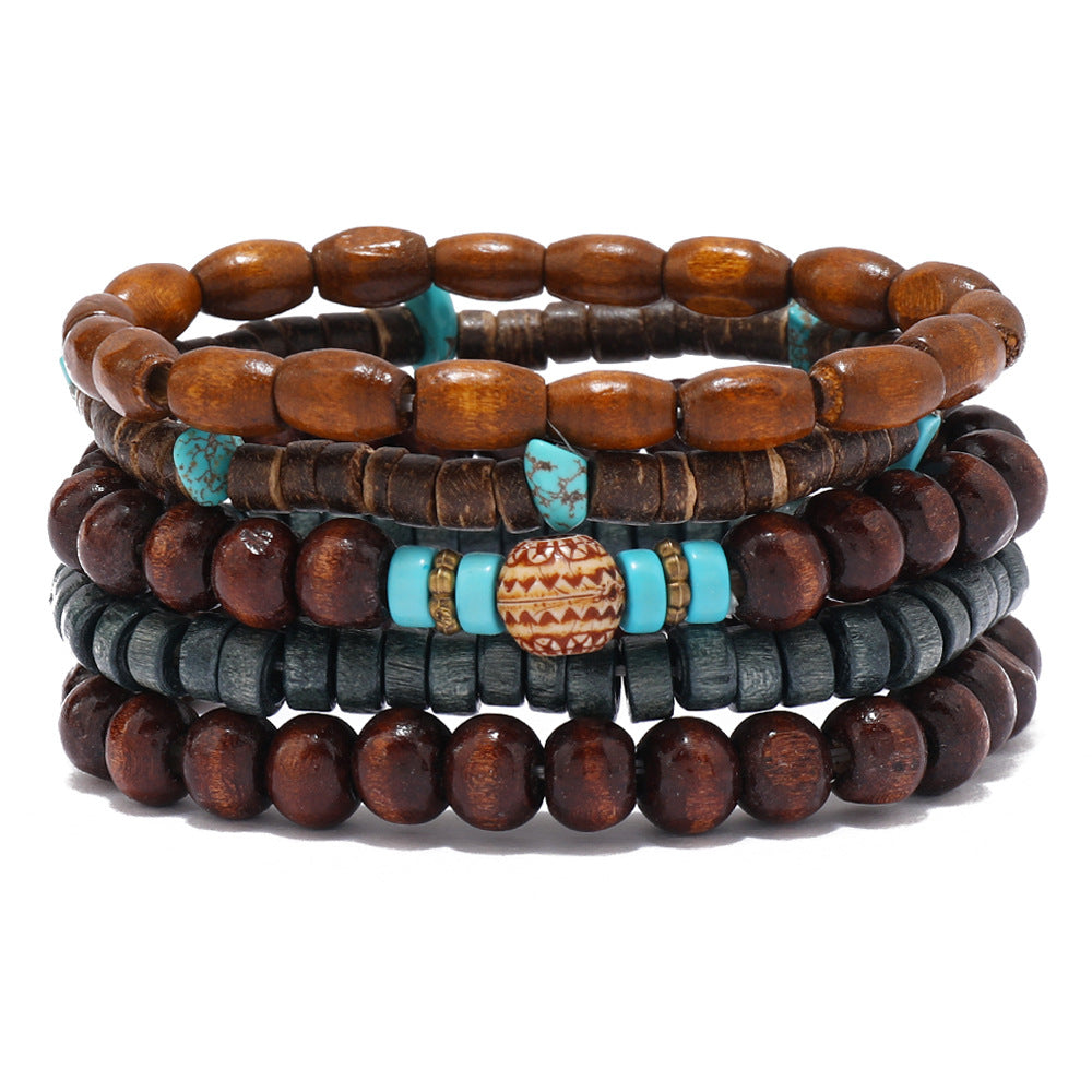 Wholesale  turquoise wood beads coconut shell five-piece bracelet