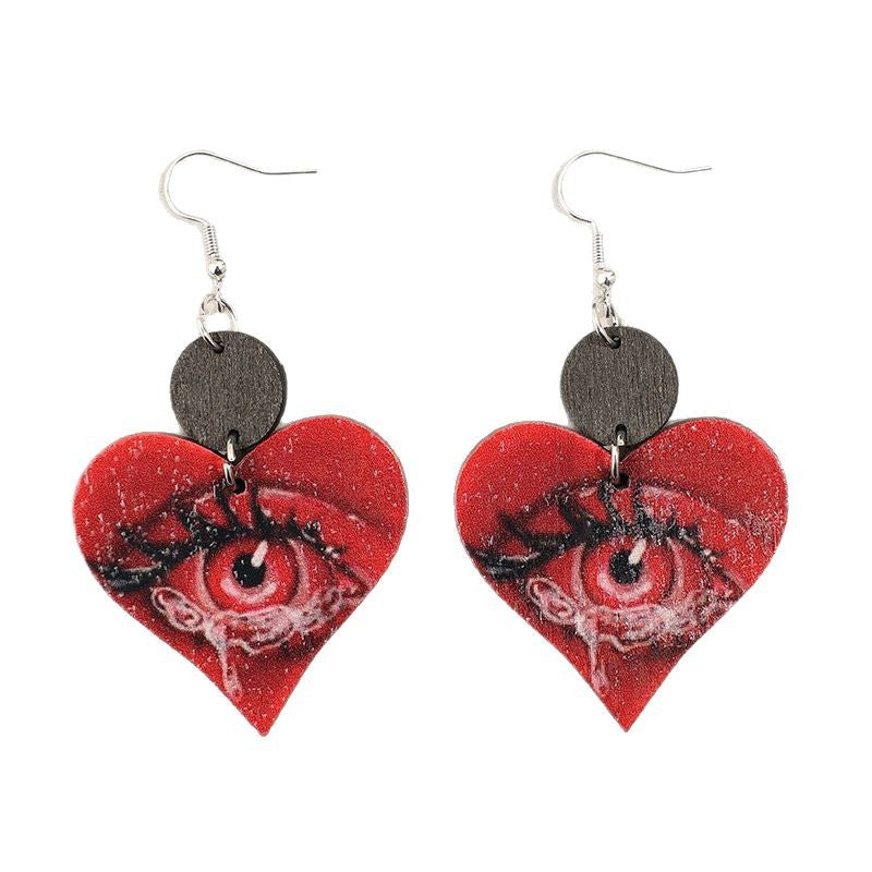 Wholesale Retro style heart-shaped printed horror eyes spliced with small wood pieces wooden earrings