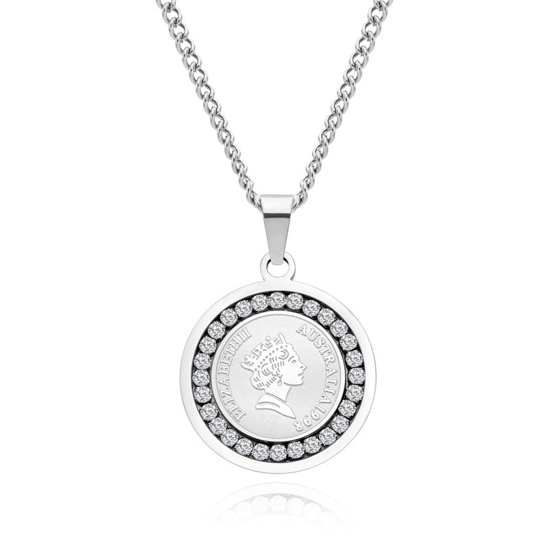Wholesale titanium steel round zircon pendant necklace