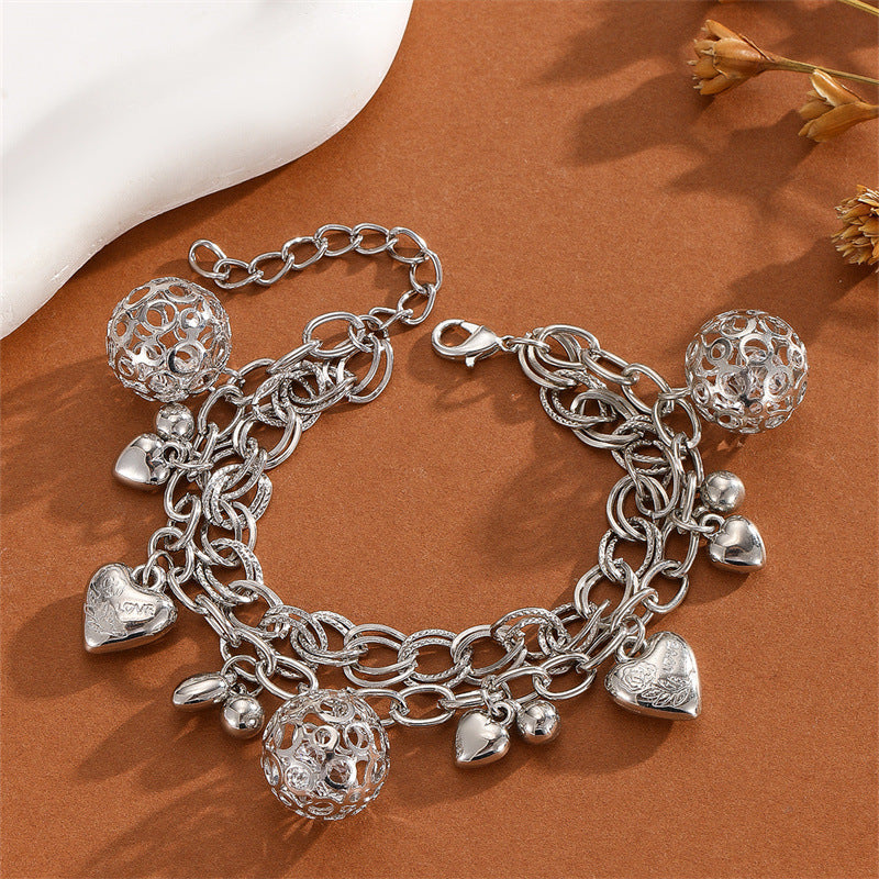 Wholesale Fashionable Cross-Border Korean Style Heart Letter Hollow Ball Pendant Double-Layer Bracelet Exquisite Gold Versatile Personalized Bracelet