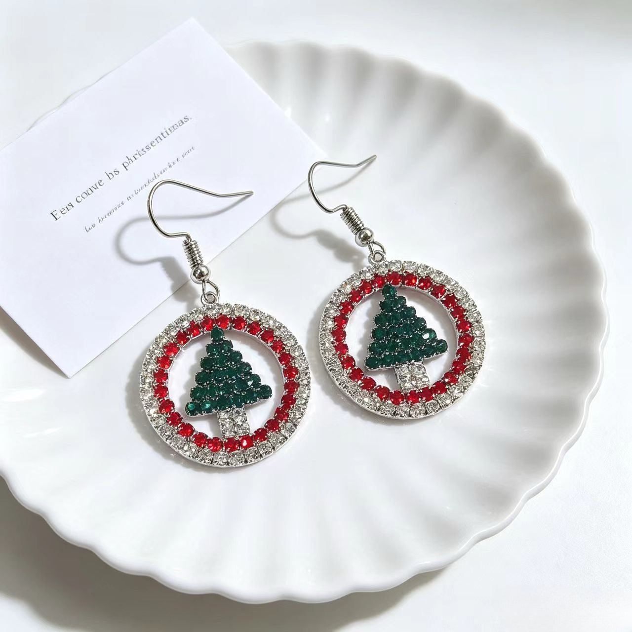 Wholesale Christmas Tree Design Rhinestone Stud Earrings Titanium Steel Electroplated White Gold Boutique Resale