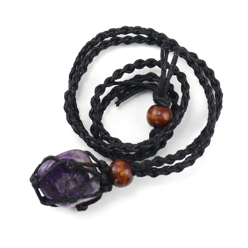 Wholesale Trendy Handmade Amethyst Crystal Necklace With Black Woven Net Pendant Adjustable Jewelry Accessory
