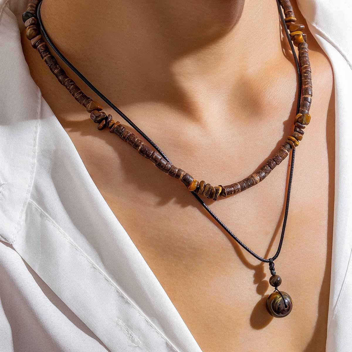 Wholesale Men's Wooden Beads Turquoise Necklace Set Sweater Chain Long Necklace ACC-NE-Puxin006