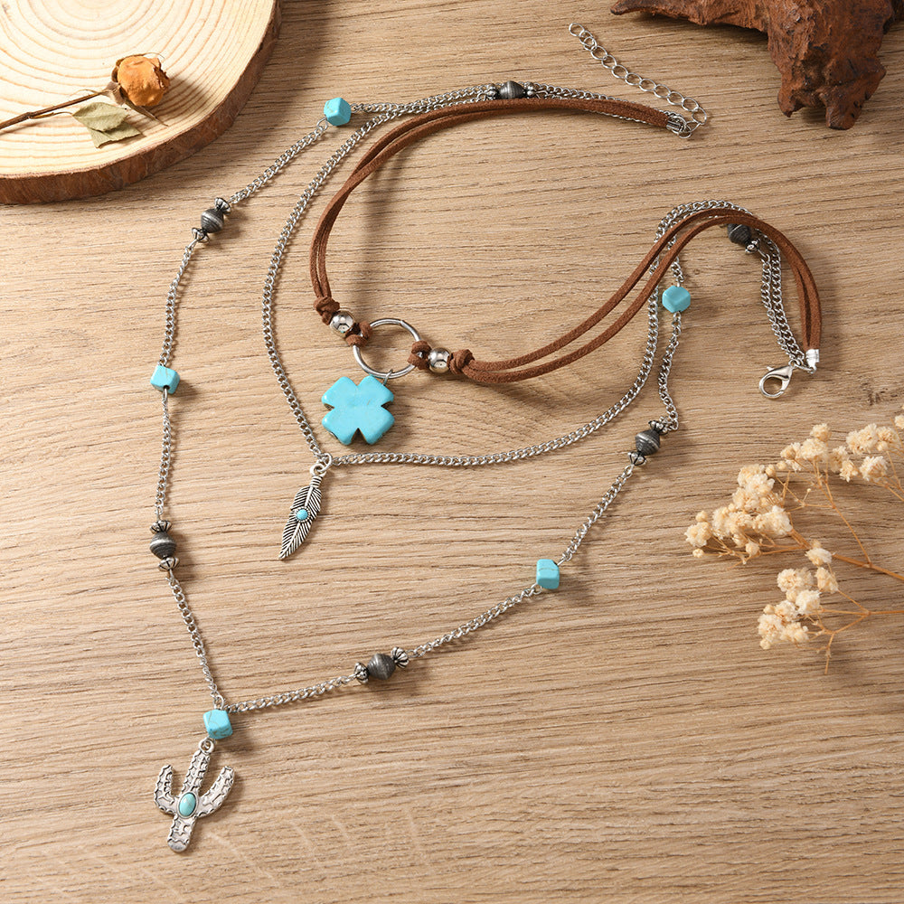 Wholesale Vacation Seaside Ladies Style Turquoise Clavicle Chain Niche Beaded Necklace Set Ethnic Style Heart