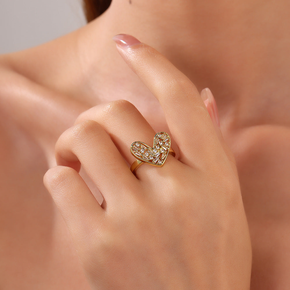 Wholesale Copper 18K gold-plated zircon heart ring