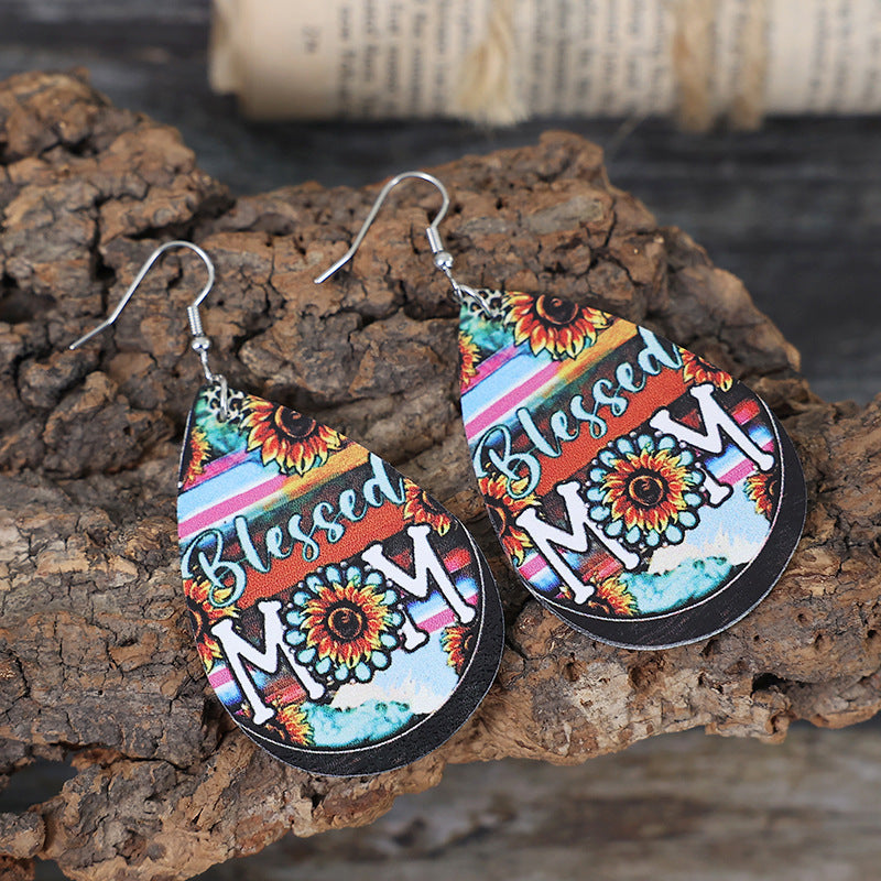 Wholesale Mother' s Day Sunflower Leather Blessing Earrings