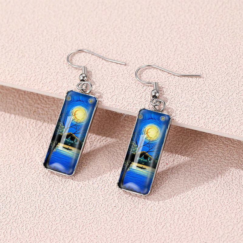 Wholesale  painting stars and moon night time gem glass earrings