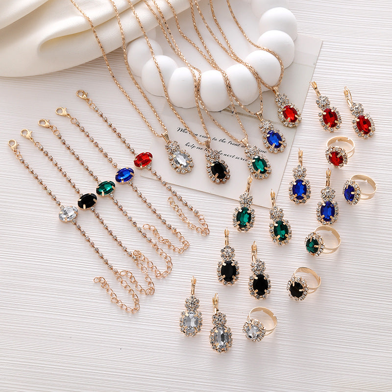 Wholesale Diamond Teardrop Oval Necklace Ring Bracelet Earrings Four-piece Sets ACC-NE-ChaoKai014