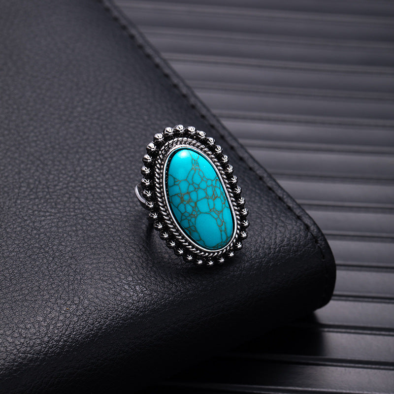 Wholesale Retro Bohemian Silver Flower Imitation Turquoise Ring - Fashion Accessory for Boutique Resale