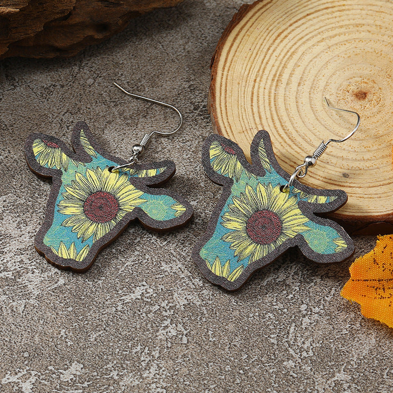 Wholesale Western Wind Cow Head Cow Pattern Leopard Pattern Sunflower Wooden Earrings