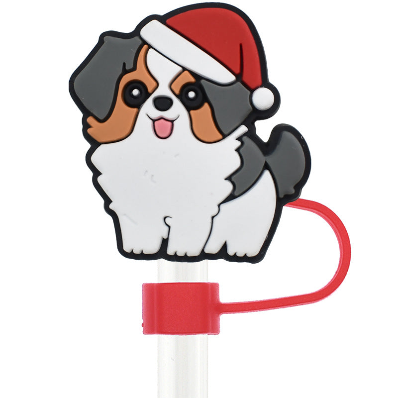 Wholesale Random 100pcs Christmas Cartoon Puppy 10mm PVC Soft Straw Tube Cap ACC-SCR-RYY094