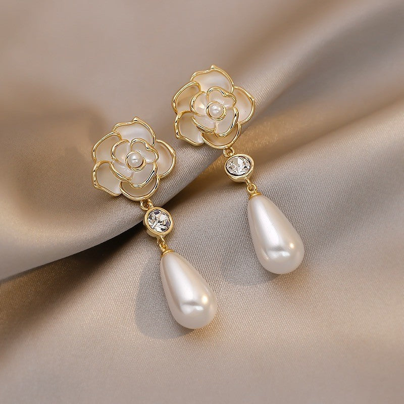 Wholesale  Long Pearl Tea Rose Earrings